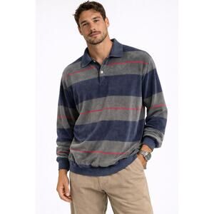 Vintage Patrick Velour Polo Shirt Mens Medium Blue Gray Striped Long Sleeve USA